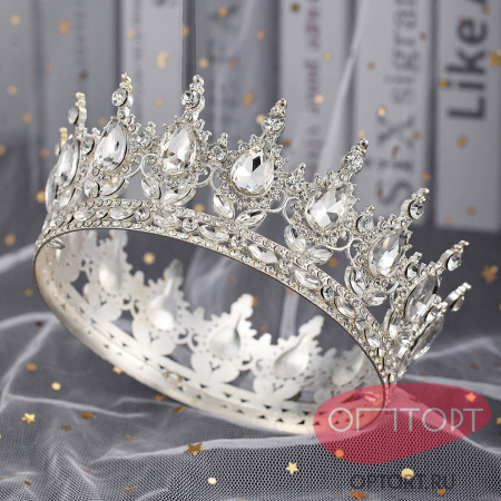Топпер корона на торт, серебро (15 см, Белые камни)